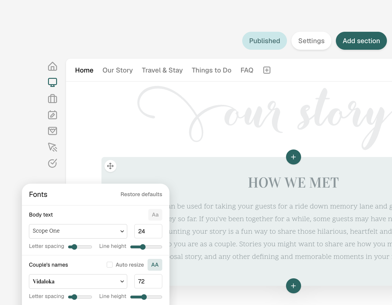 The WedSites drag-and-drop website builder