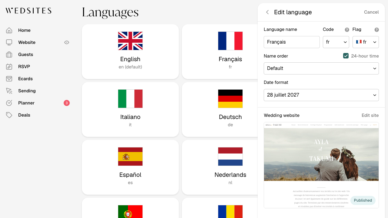 Eine WedSites-Hochzeitswebsite in mehreren Sprachen