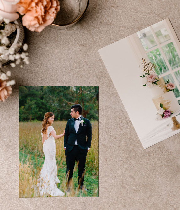 Photos of wedding couple and wedding cake