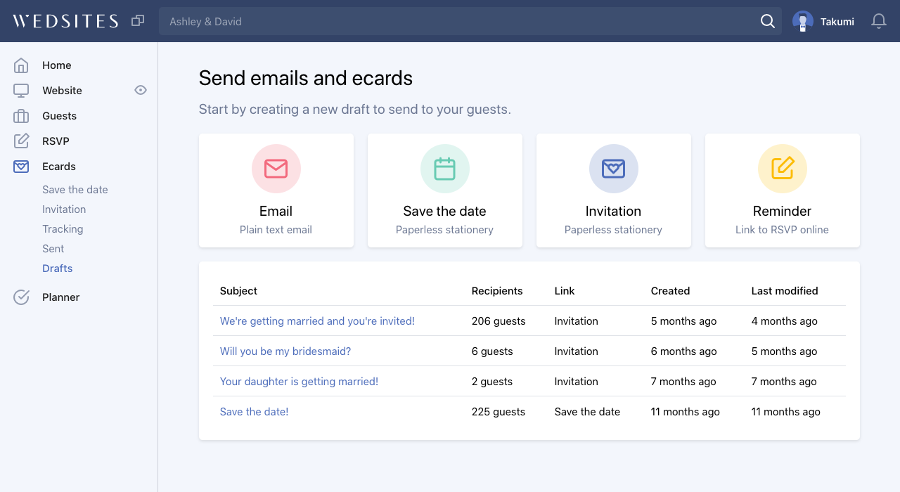 WedSites paperless stationery dashboard