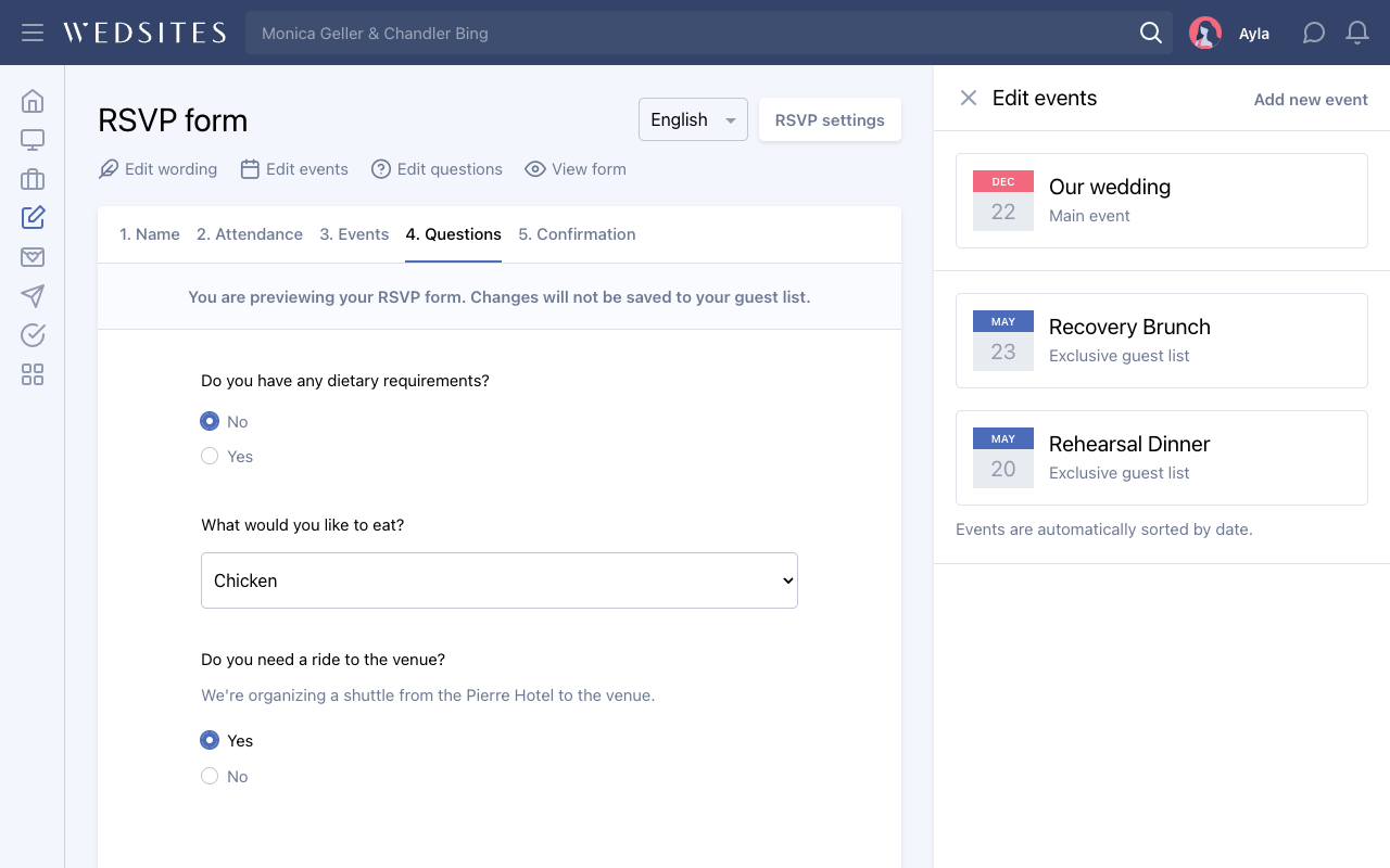 WedSites RSVP form with custom questions and multiple events