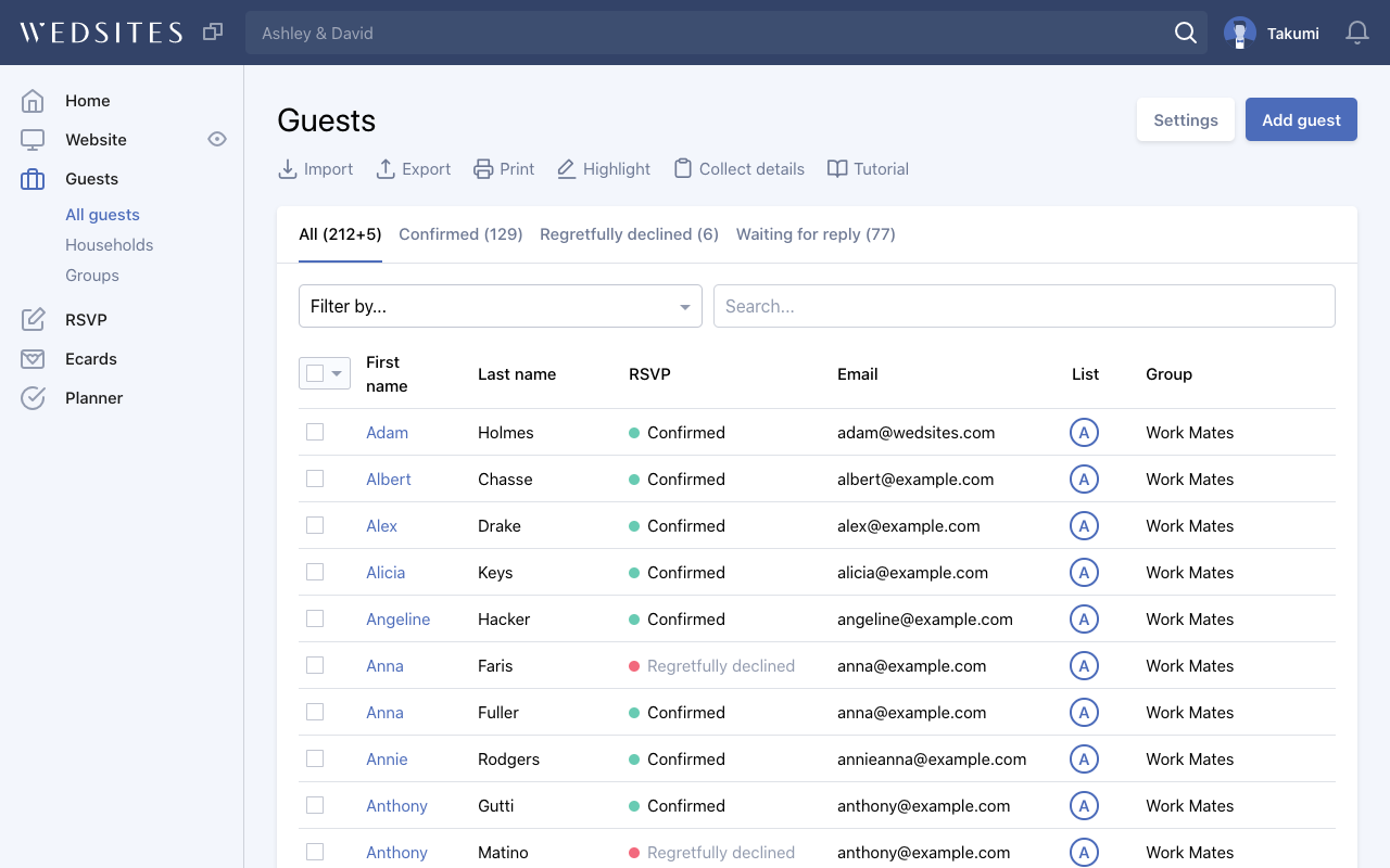 WedSites guest list database