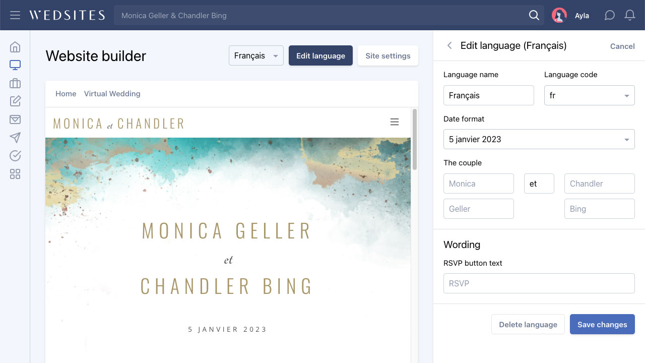 Editing a language in the WedSites wedding website builder