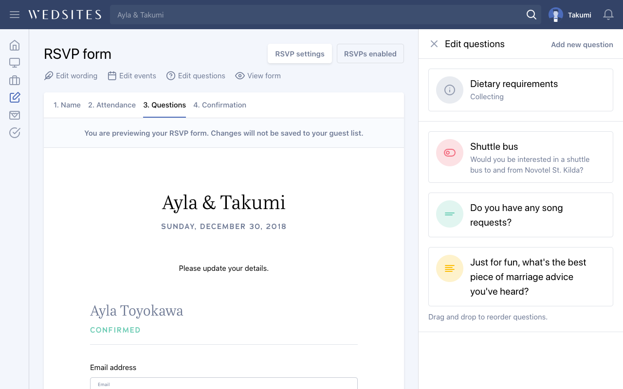 WedSites RSVP form builder